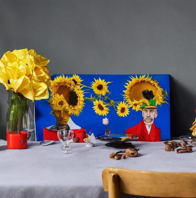 ein Tischstilleben mit Blumen, einem Bild und anderen poetischen Gegenständen